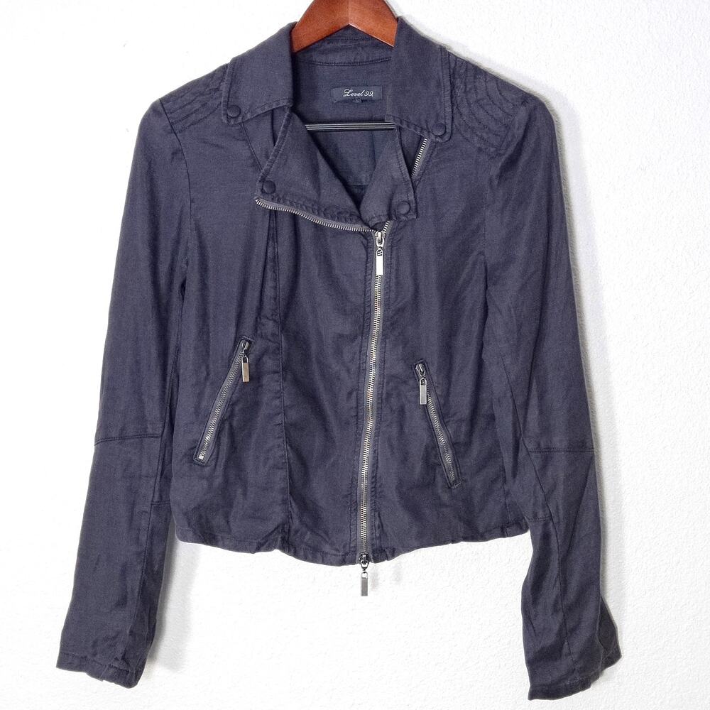 Level 99 Linen Moto Jacket Black Size Medium Stretch Knit Utility Layers